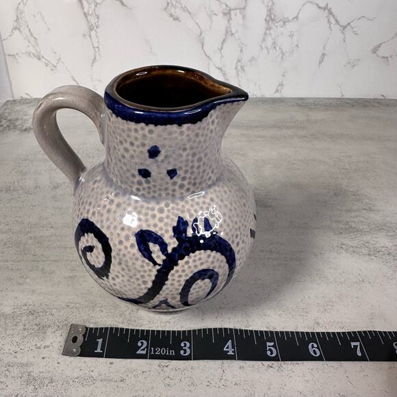 Vintage, Mid Century Scheurich Pottery Textured Gray/Blue Pitcher w/Handle Art - Picture 4 of 9